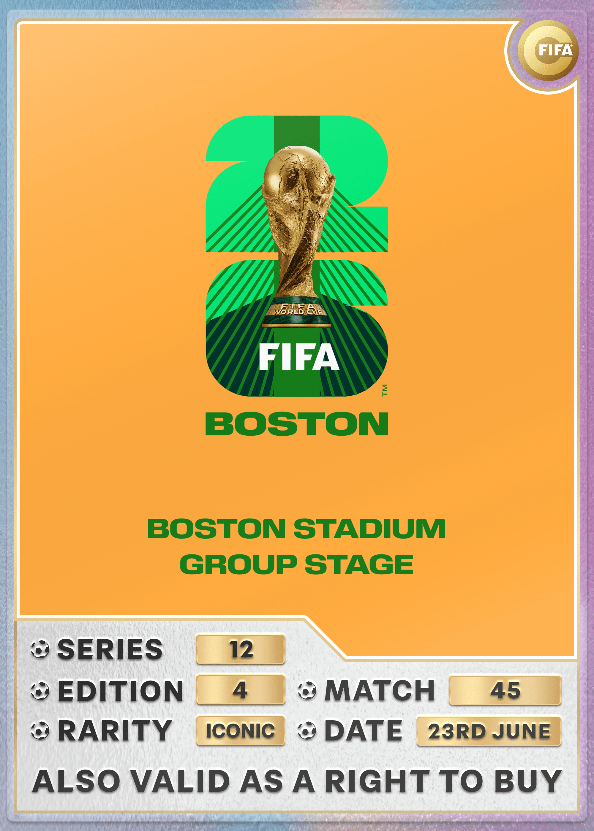 Collectible also valid as RTB for 2 tickets to M45 Boston