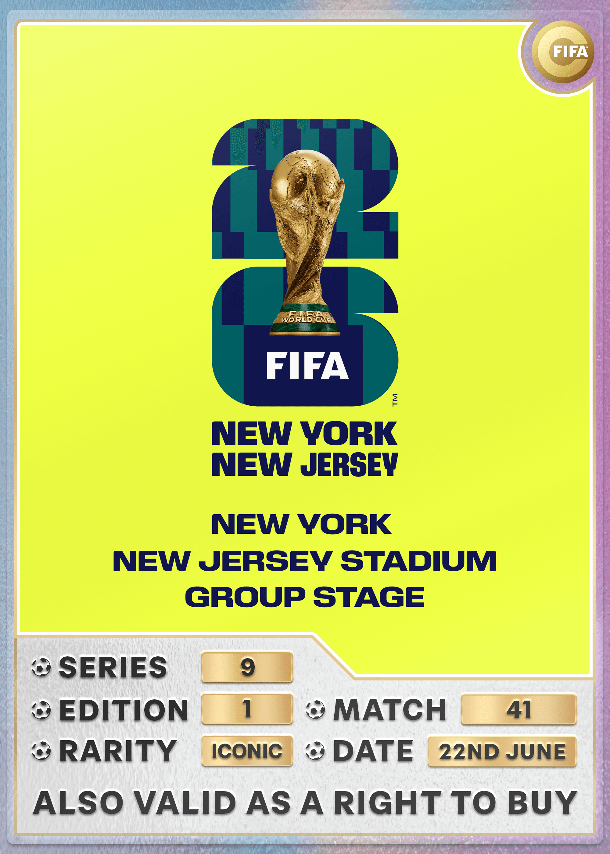 Collectible also valid as RTB for 2 tickets to M41 New York/New Jersey