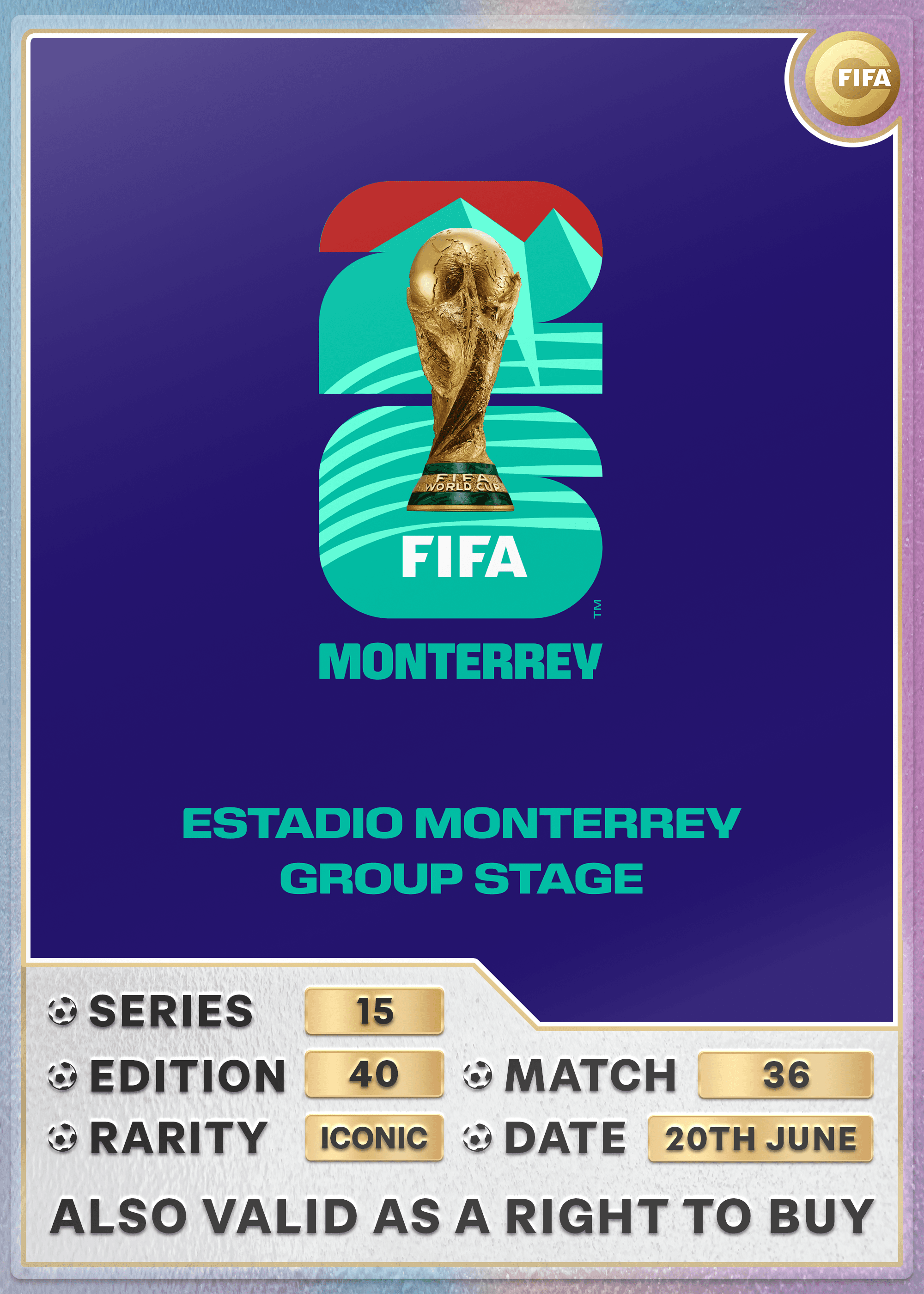 Collectible also valid as RTB for 2 tickets to M36 Monterrey