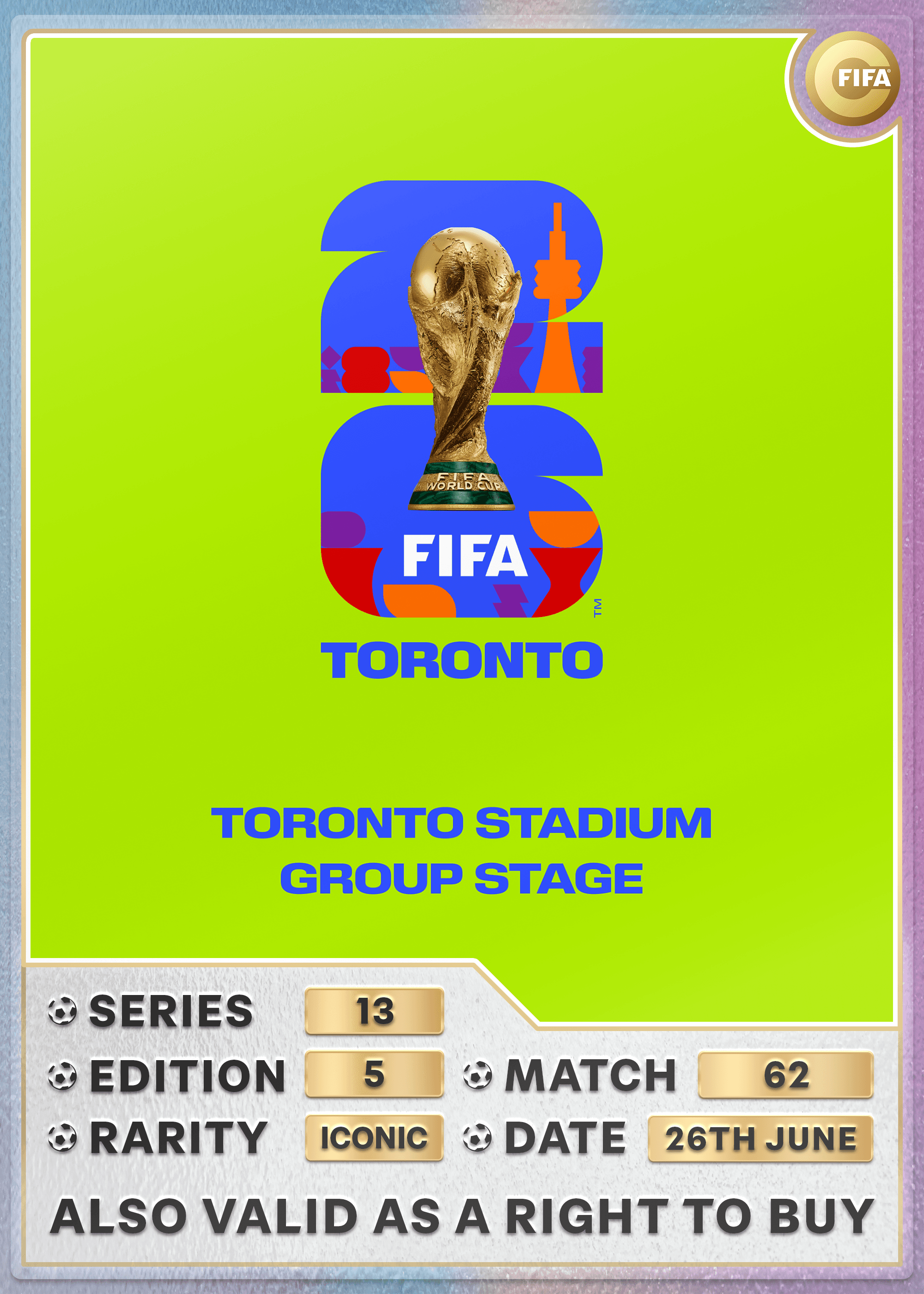 Collectible also valid as RTB for 2 tickets to M62 Toronto