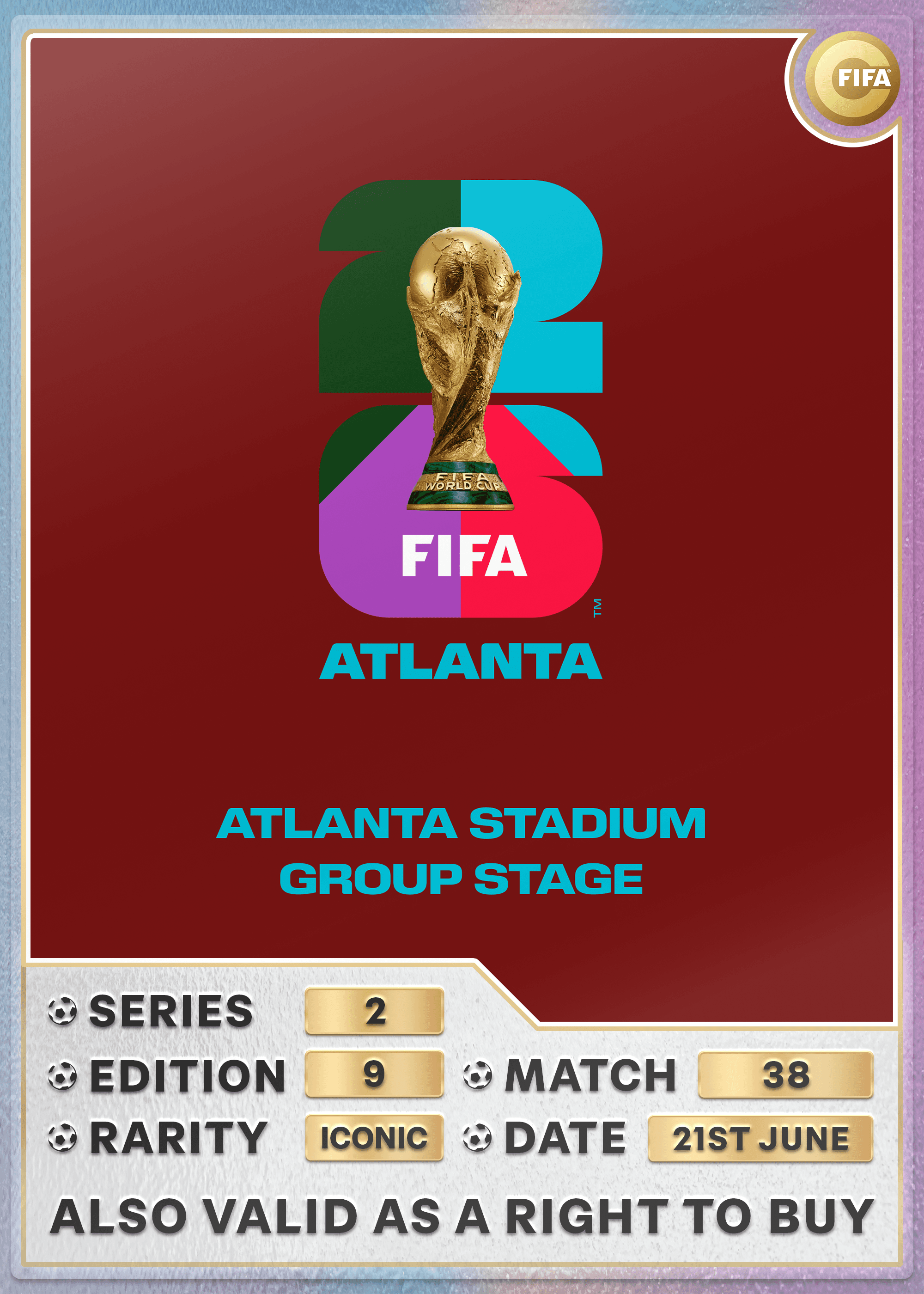 Collectible also valid as RTB for 2 tickets to M38 Atlanta