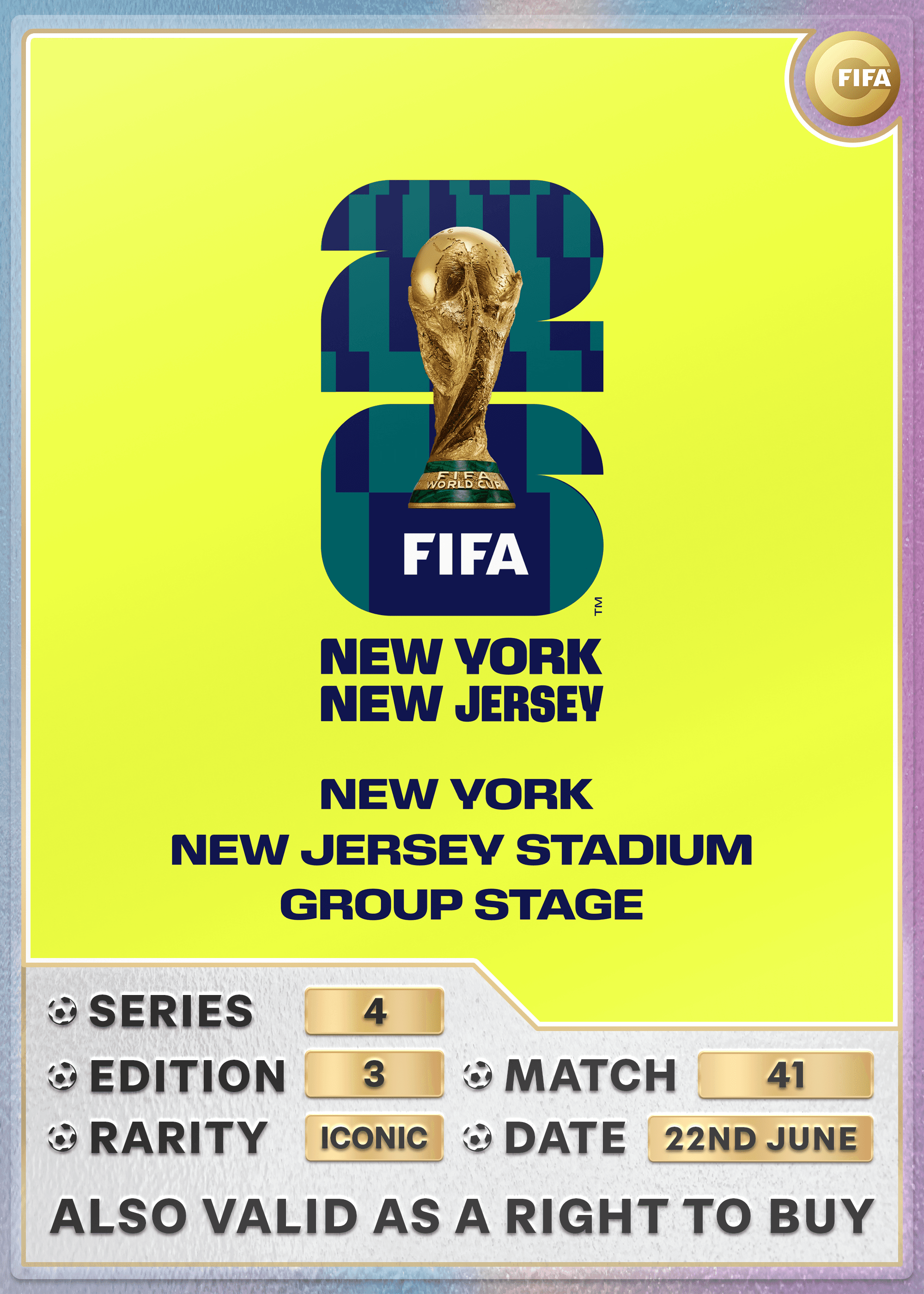 Collectible also valid as RTB for 2 tickets to M41 New York/New Jersey