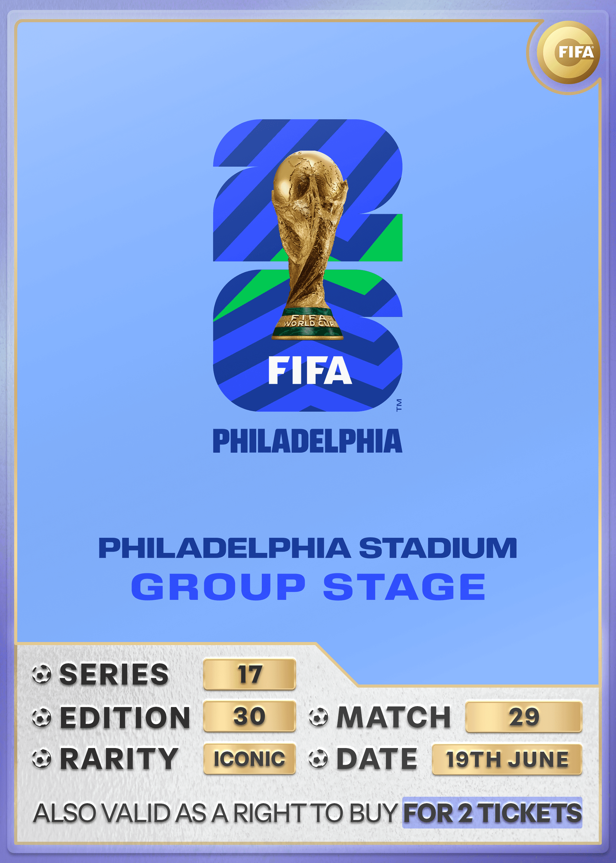 Collectible also valid as RTB for 2 tickets to M55 Philadelphia