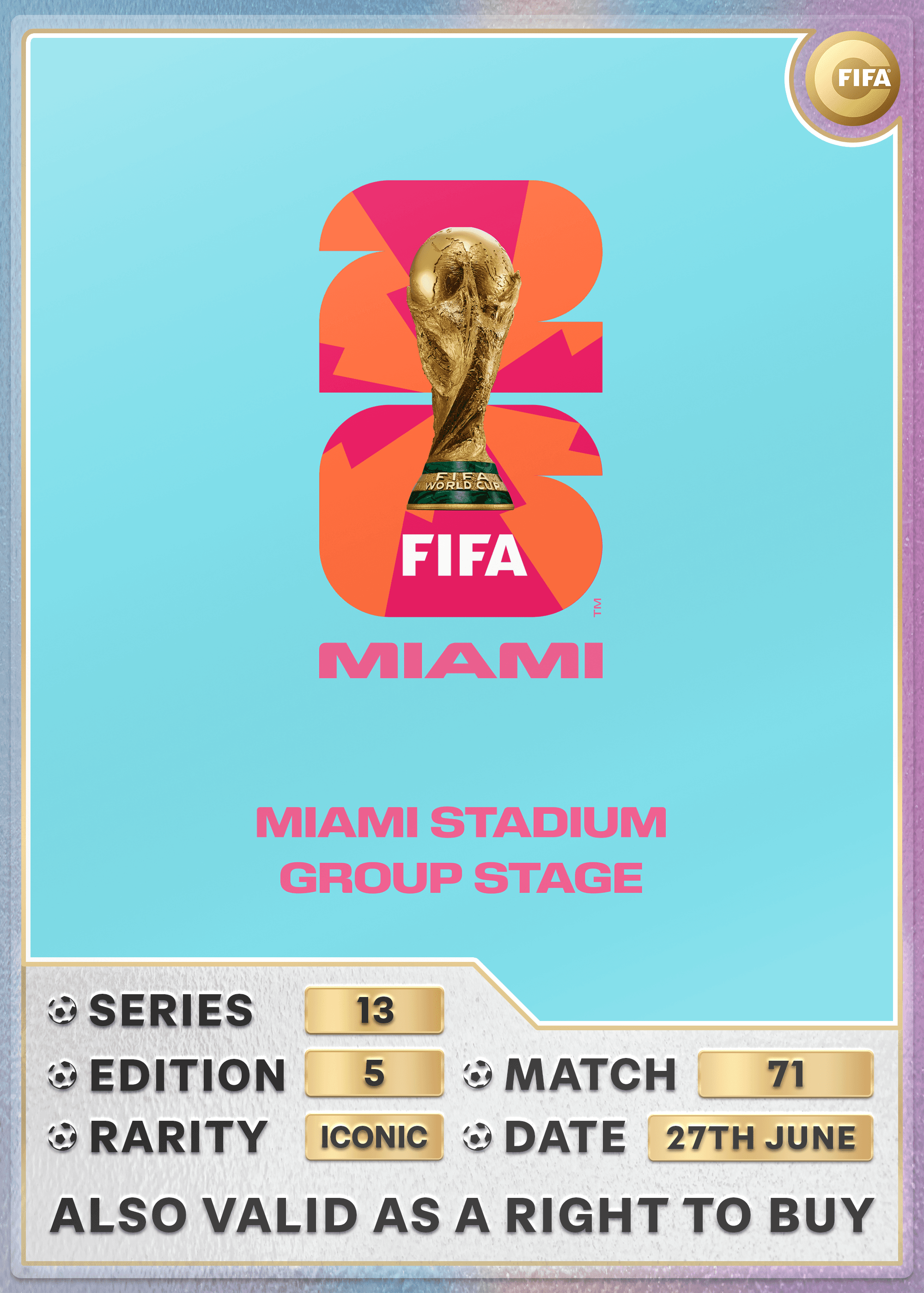 Collectible also valid as RTB for 2 tickets to M71 Miami