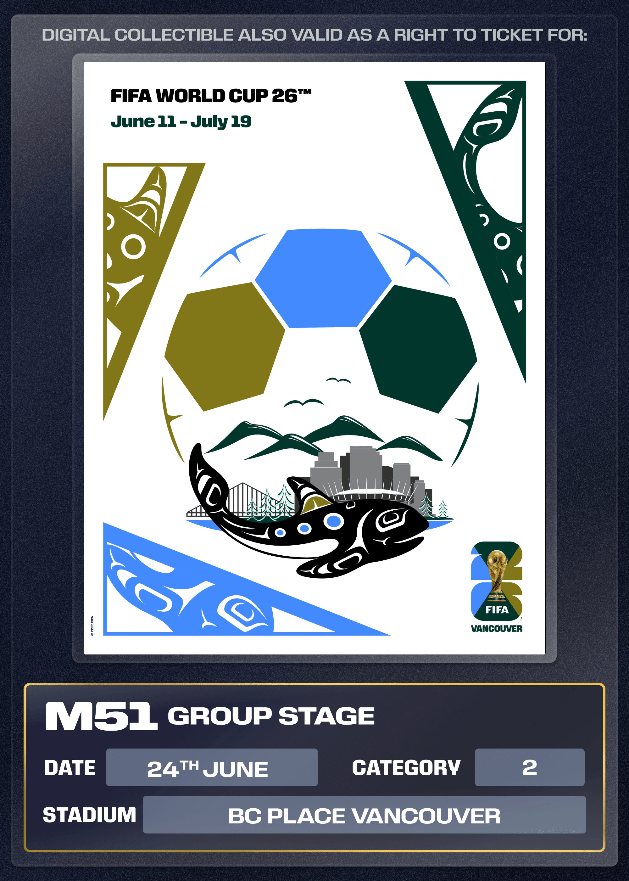 Collectible also valid as Right To Ticket Category 2 for M51 Vancouver