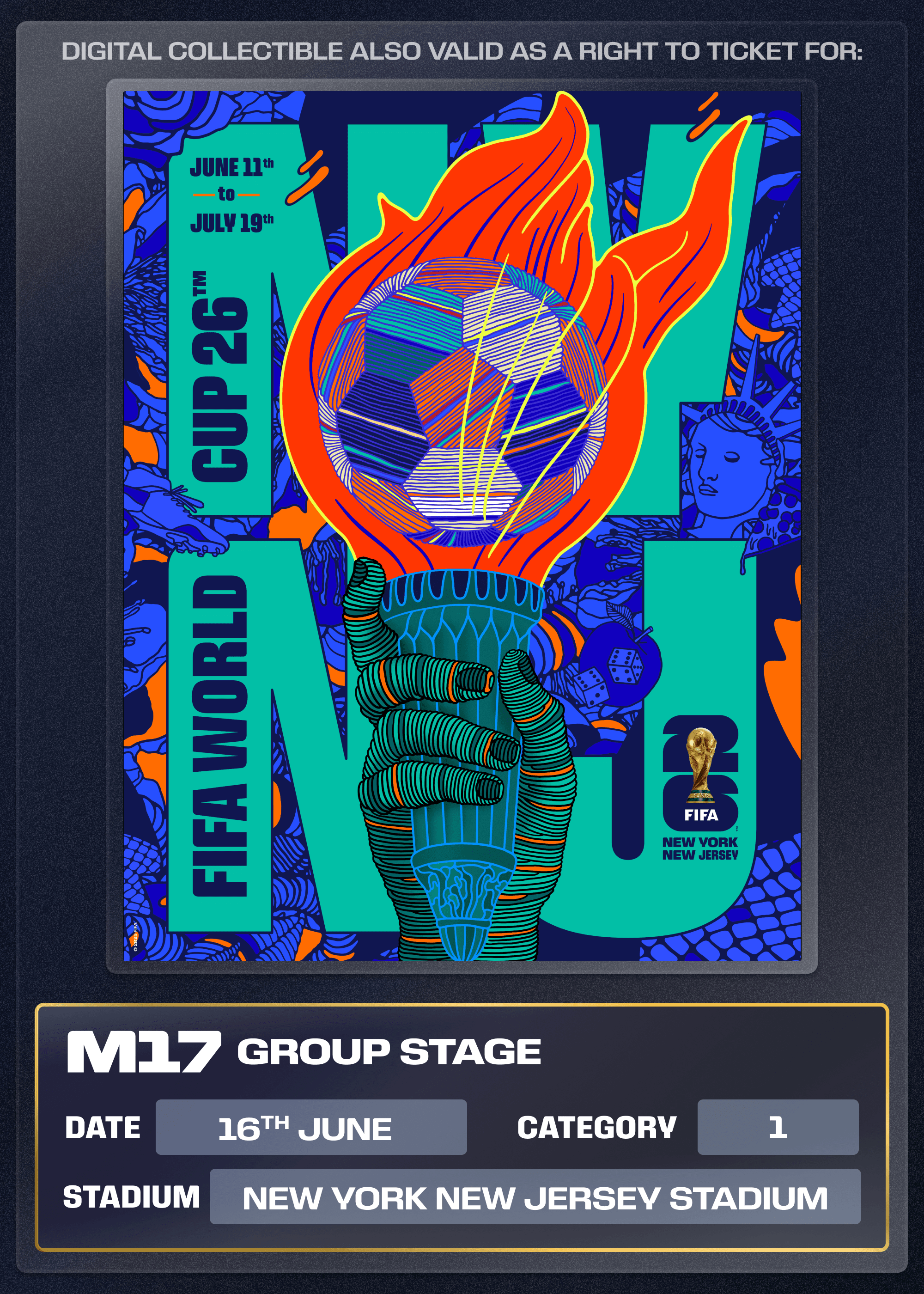 Collectible also valid as Right To Ticket Category 1 for M17 New York