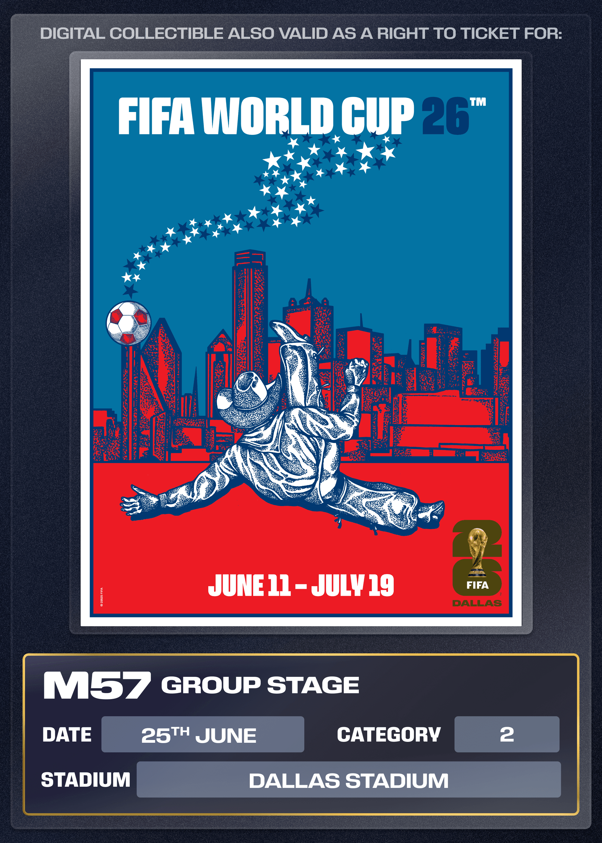 Collectible also valid as Right To Ticket Category 2 for M57 Dallas