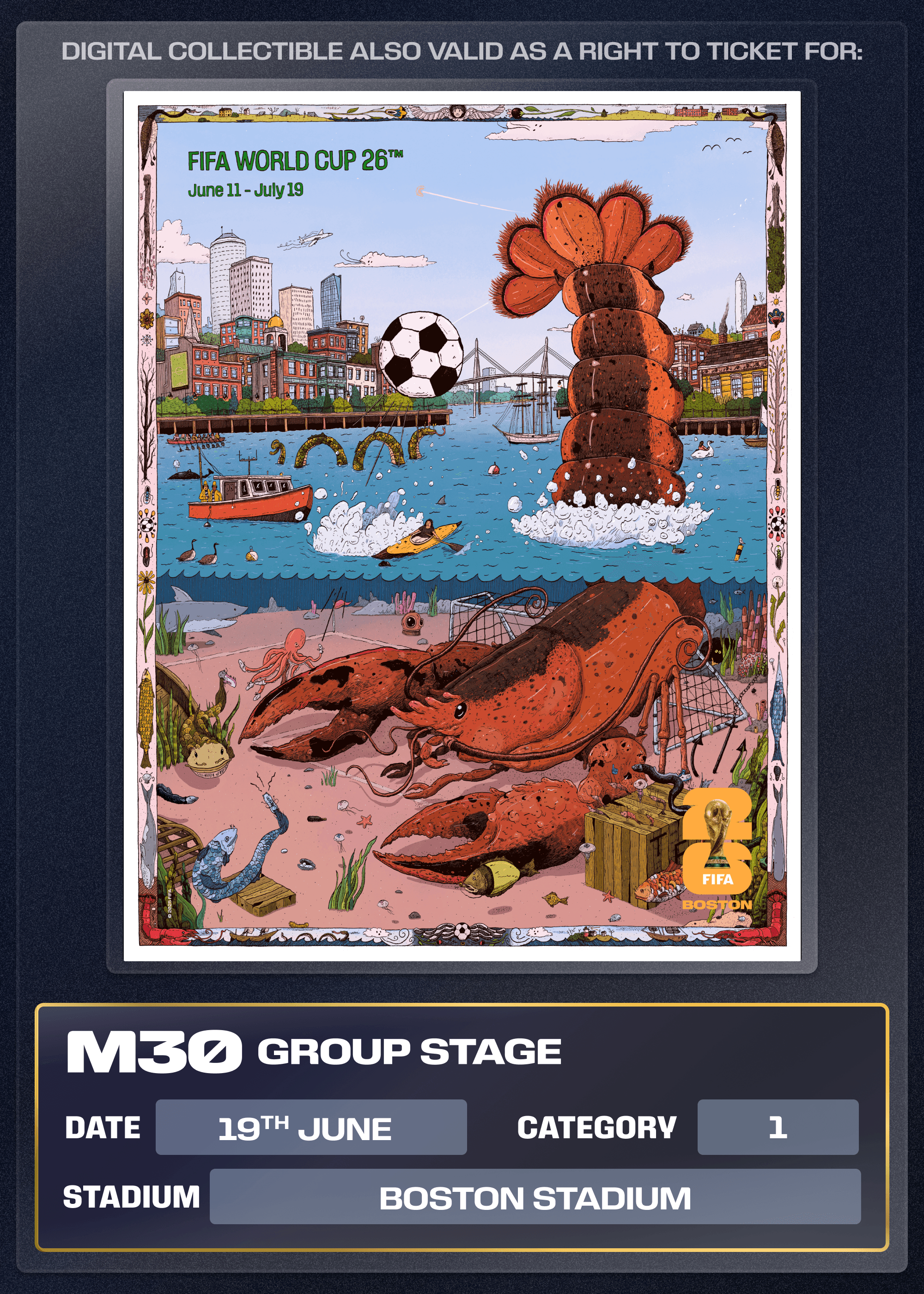 Collectible also valid as Right To Ticket Category 1 for M30 Boston