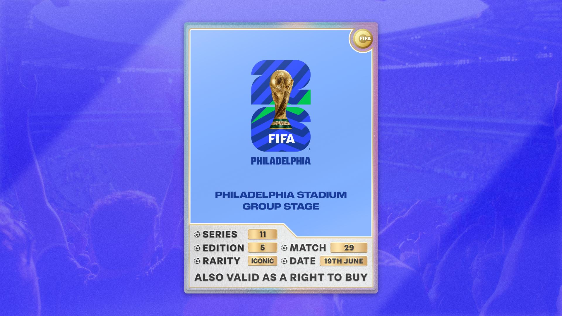 Collectible also valid as RTB for 2 tickets to M29 Philadelphia