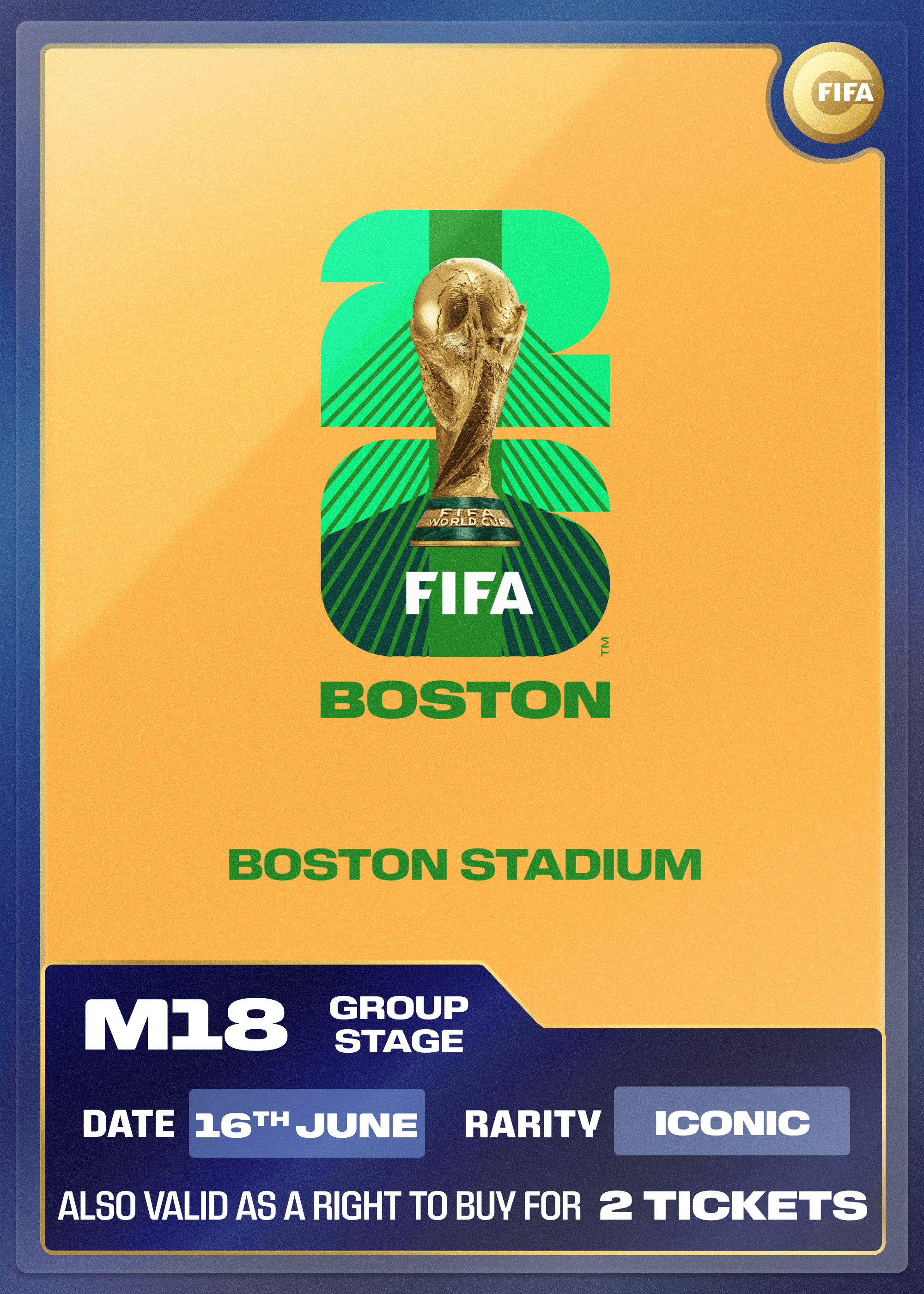 Collectible also valid as RTB for 2 tickets to M18 Boston