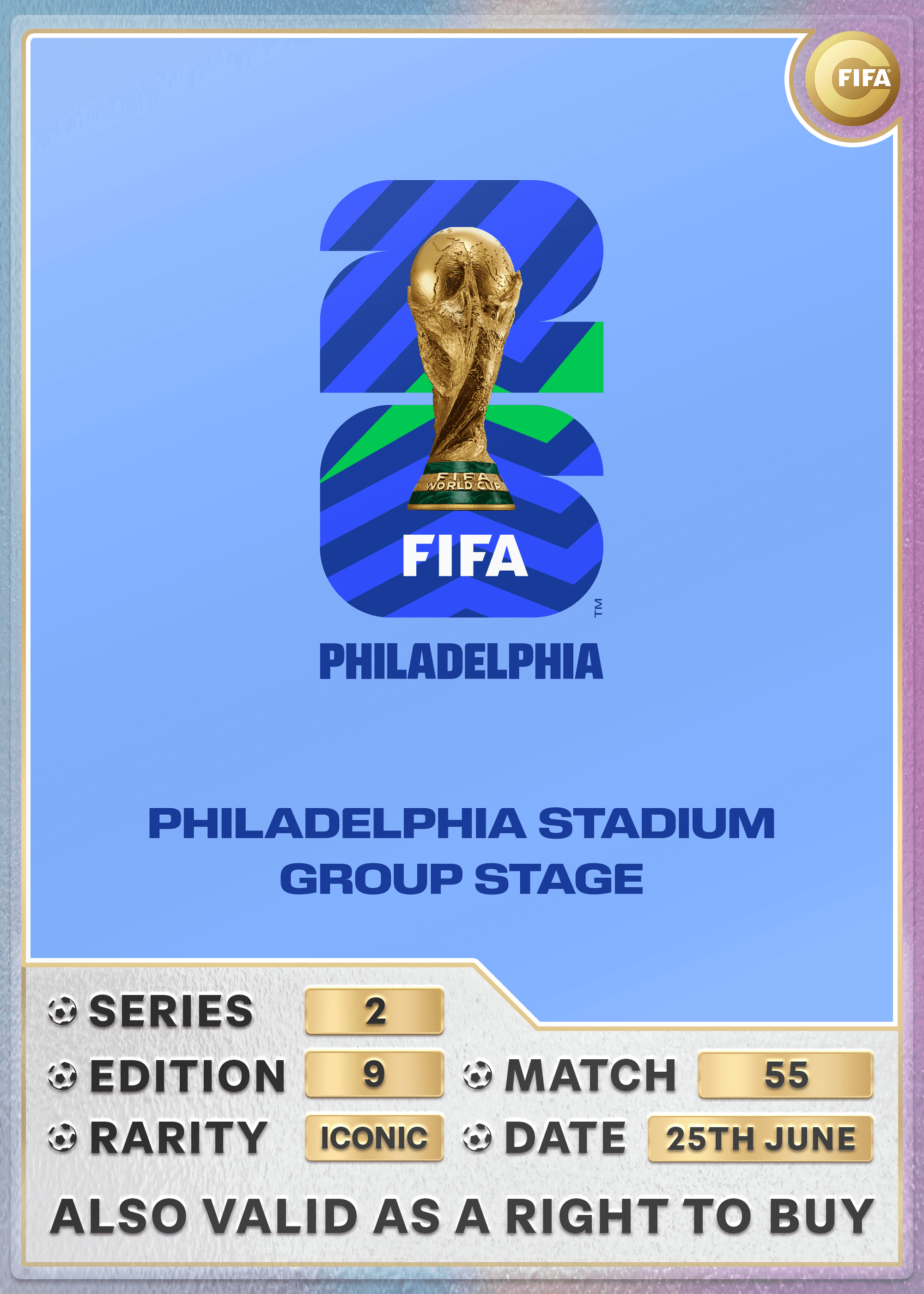 Collectible also valid as RTB for 2 tickets to M55 Philadelphia