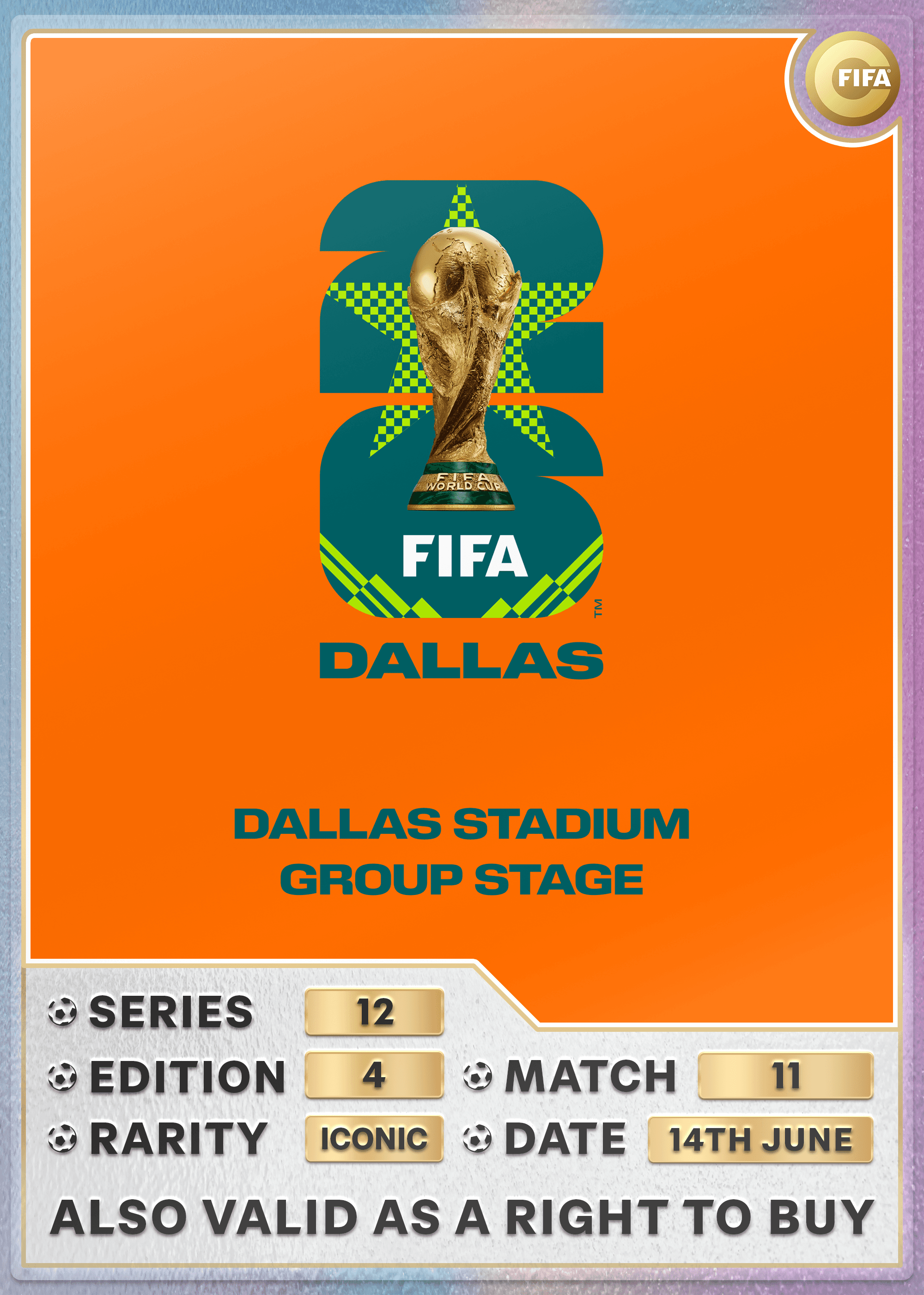 Collectible also valid as RTB for 2 tickets to M11 Dallas