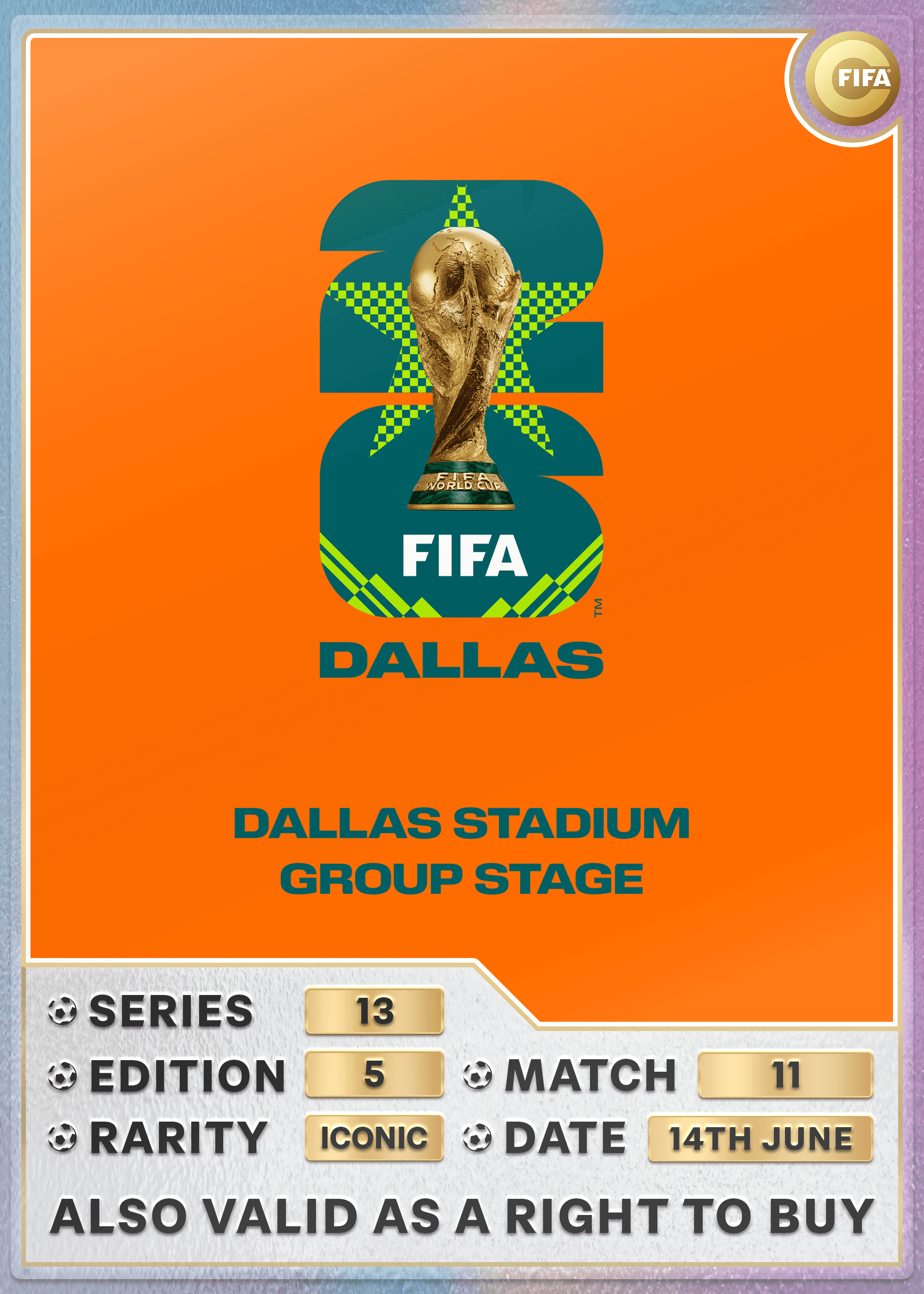 Collectible also valid as RTB for 2 tickets to M11 Dallas