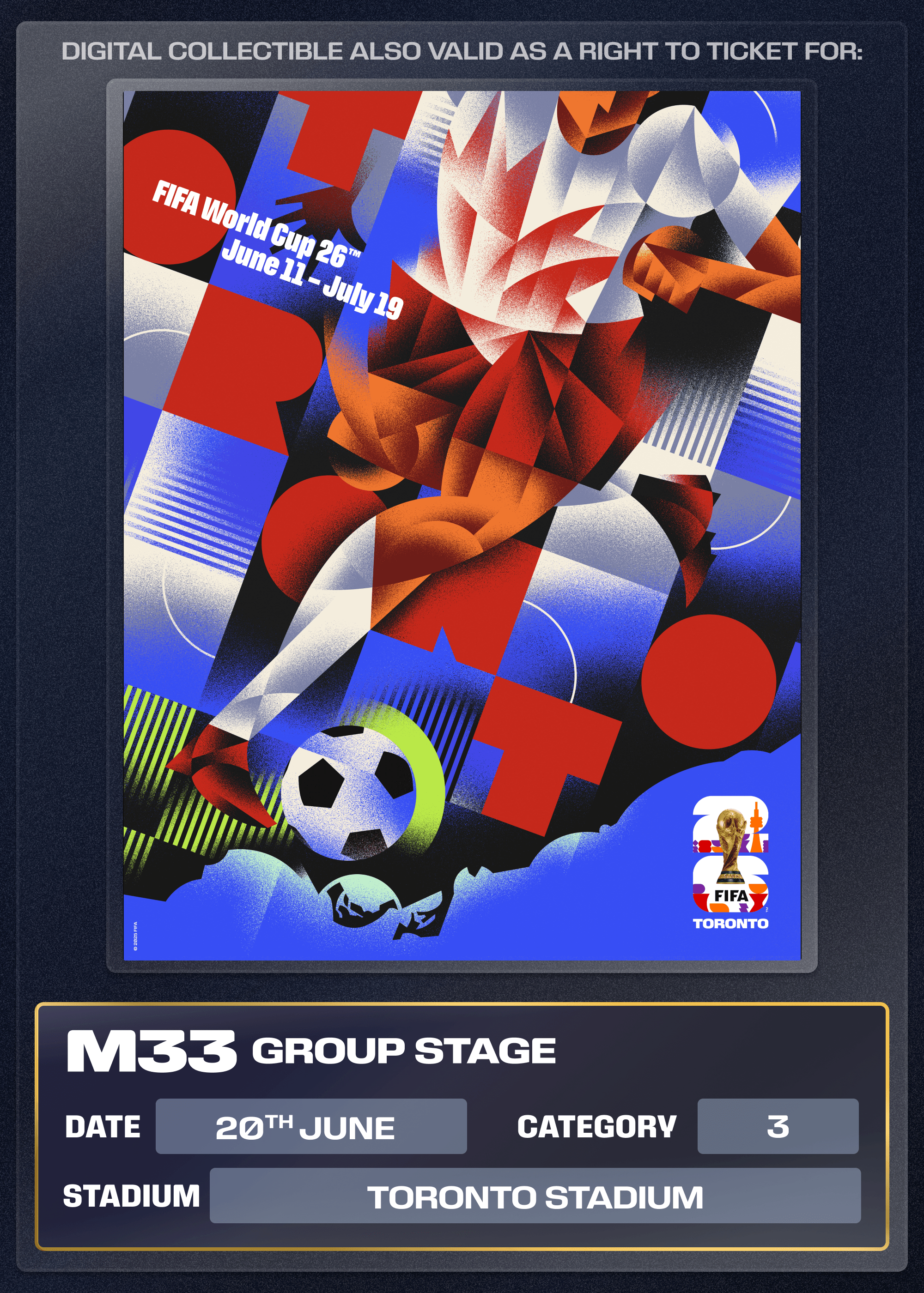 Collectible also valid as Right To Ticket Category 3 for M33 Toronto