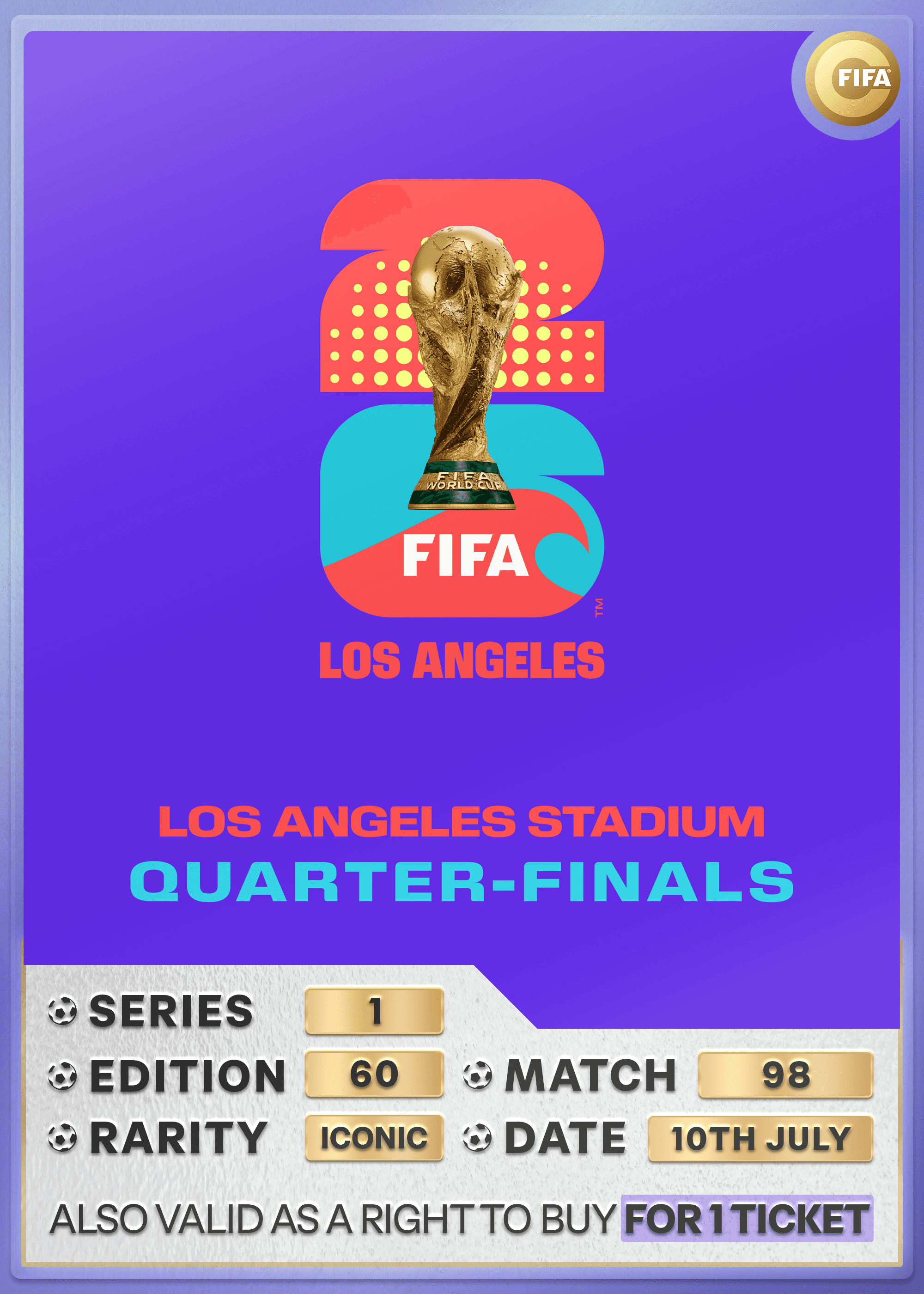Collectible also valid as RTB for one ticket to M98 Los Angeles