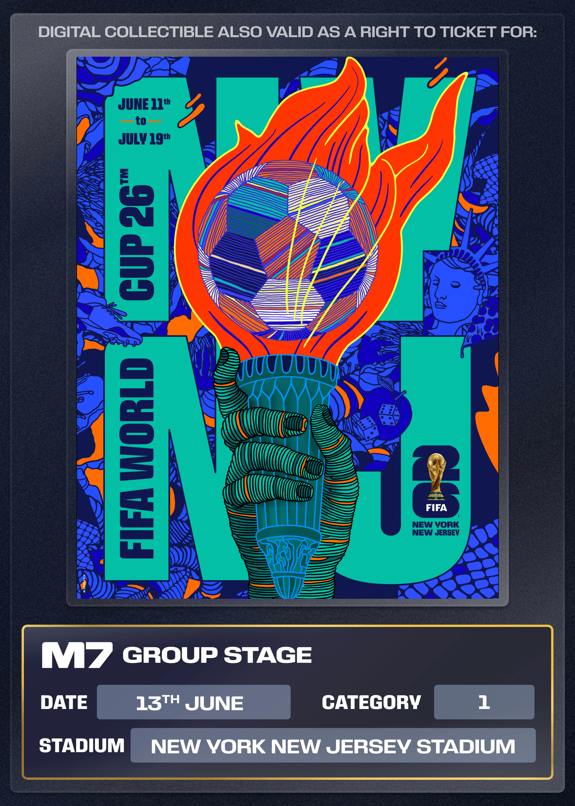 Collectible also valid as Right To Ticket Category 1 for M7 New York