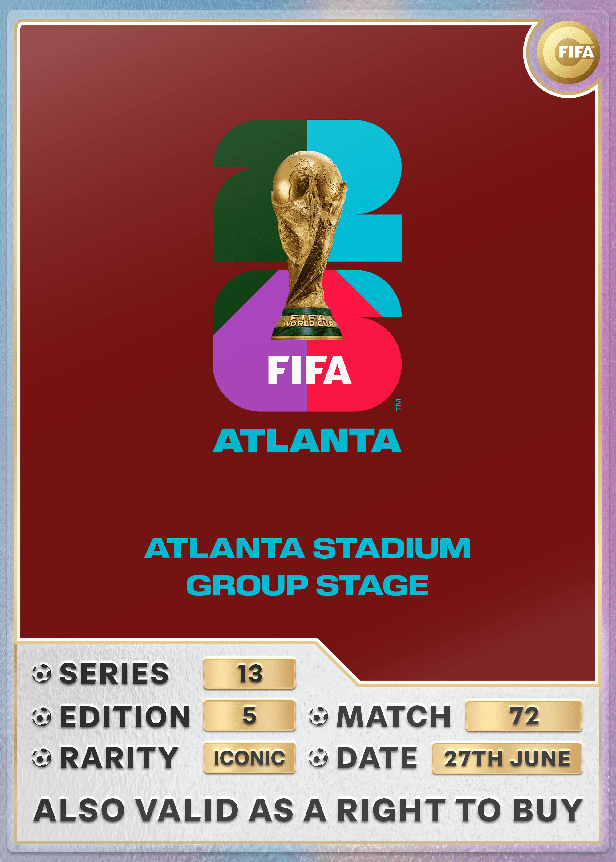 Collectible also valid as RTB for 2 tickets to M72 Atlanta