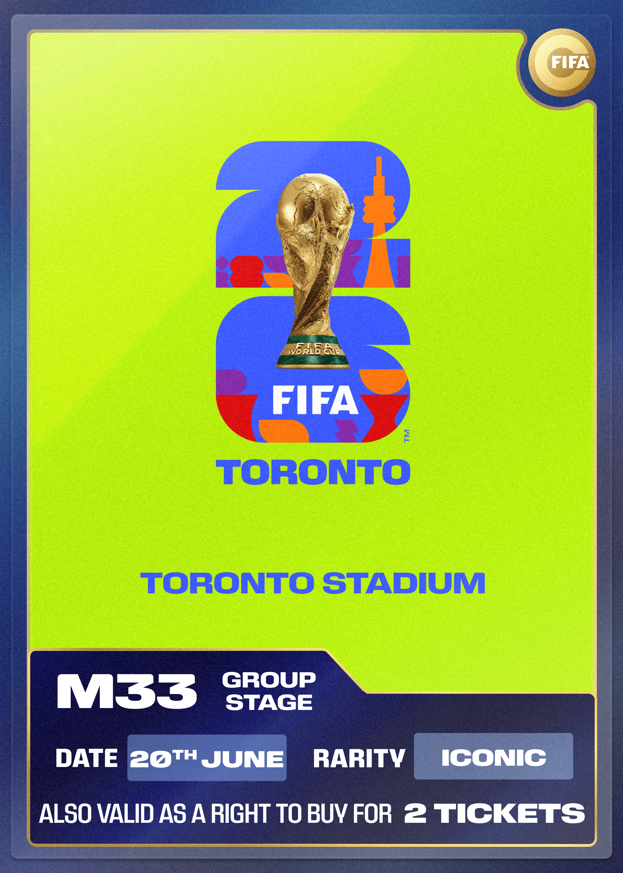 Collectible also valid as RTB for 2 tickets to M33 Toronto