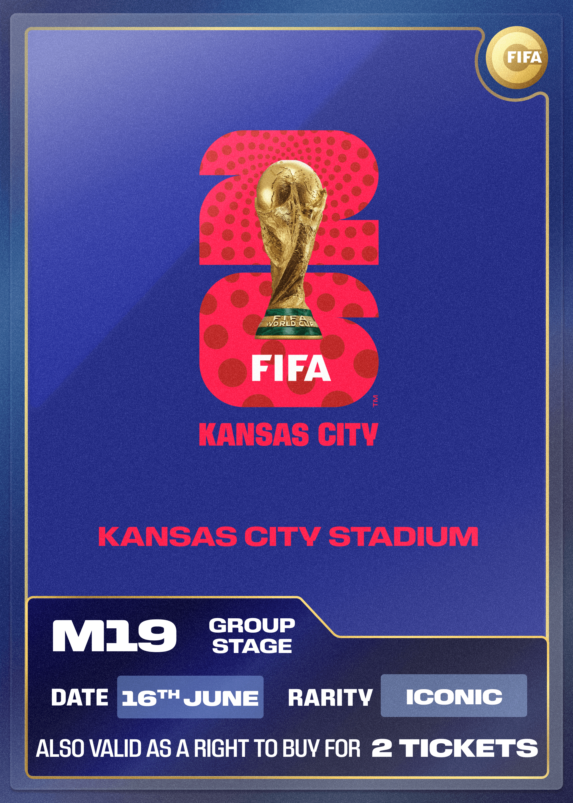 Collectible also valid as RTB for 2 tickets to M19 Kansas City