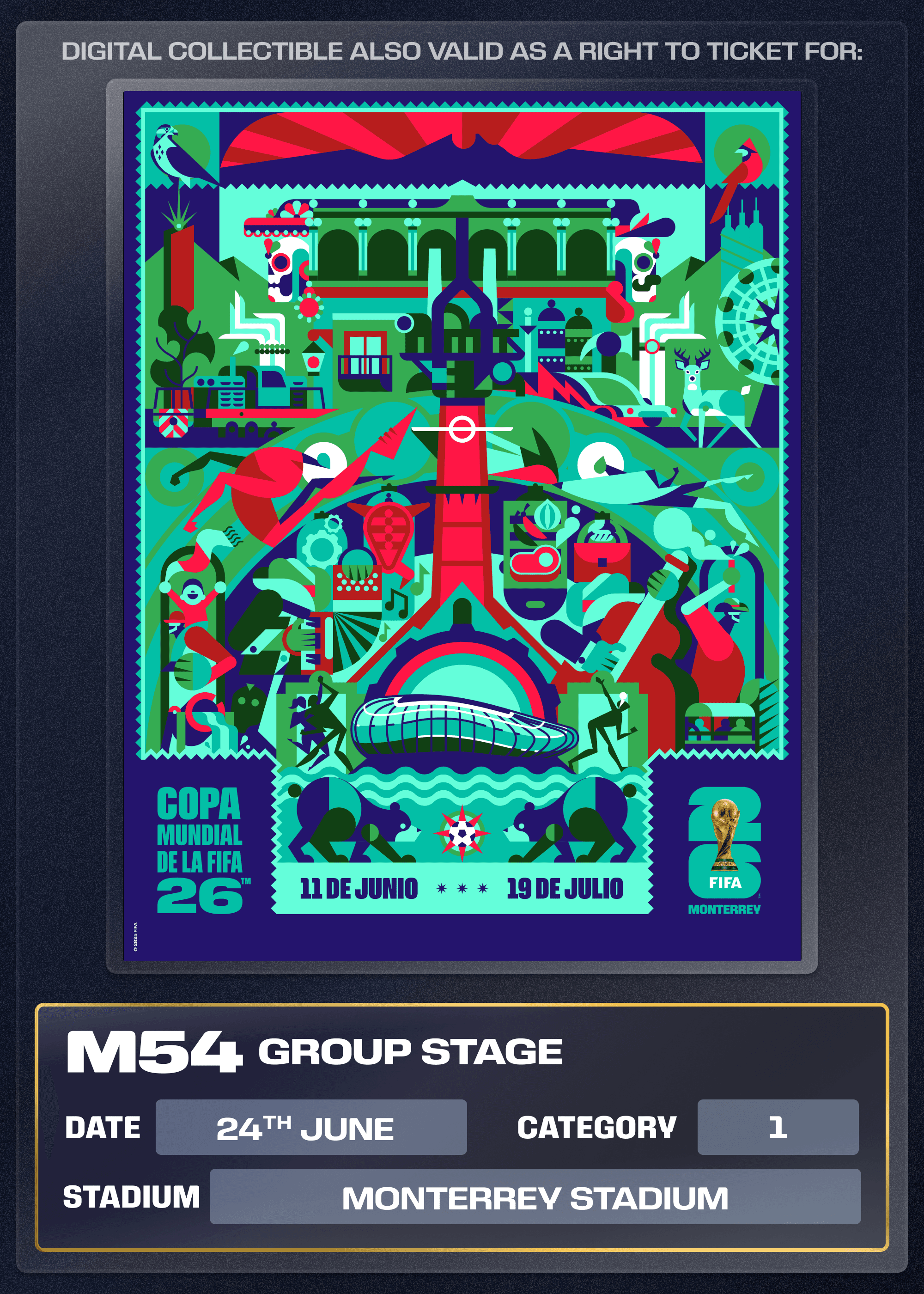 Collectible also valid as Right To Ticket Category 1 for M54 Monterrey