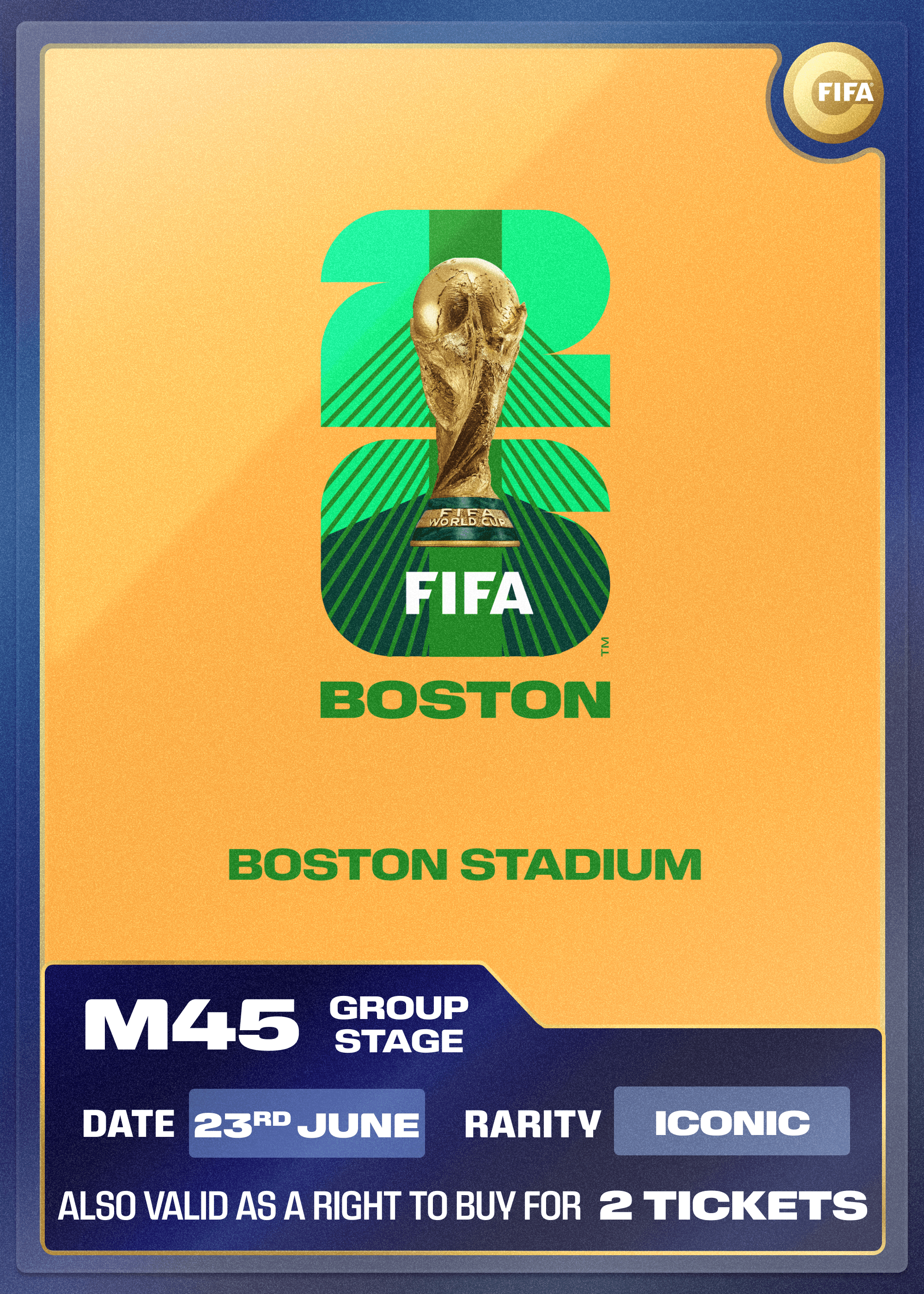 Collectible also valid as RTB for 2 tickets to M45 Boston