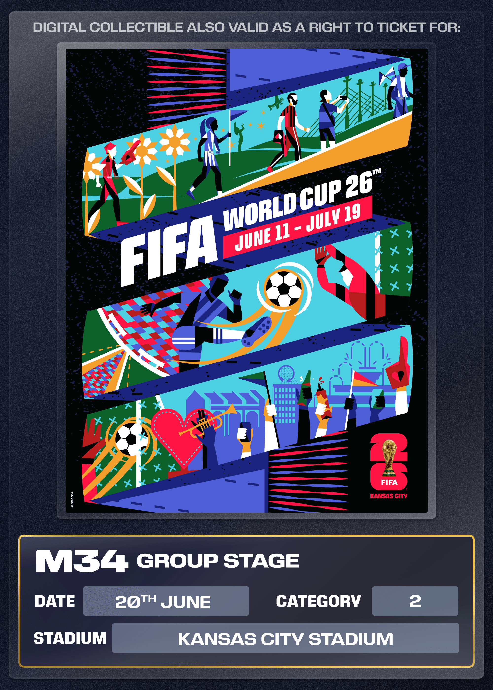 Collectible also valid as Right To Ticket Category 2 for M34 Kansas City