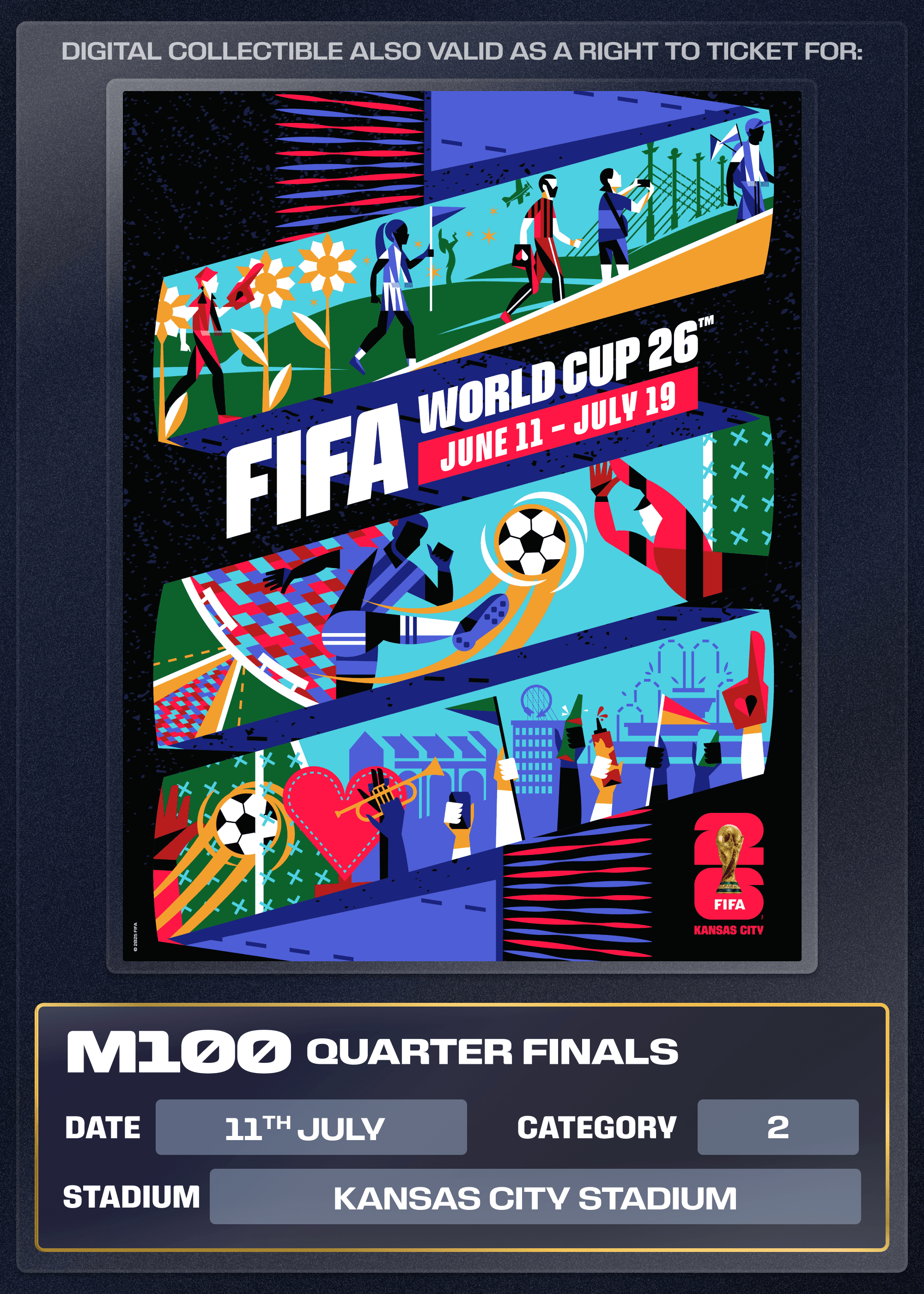 Collectible also valid as Right To Ticket Category 2 for M100 Kansas City