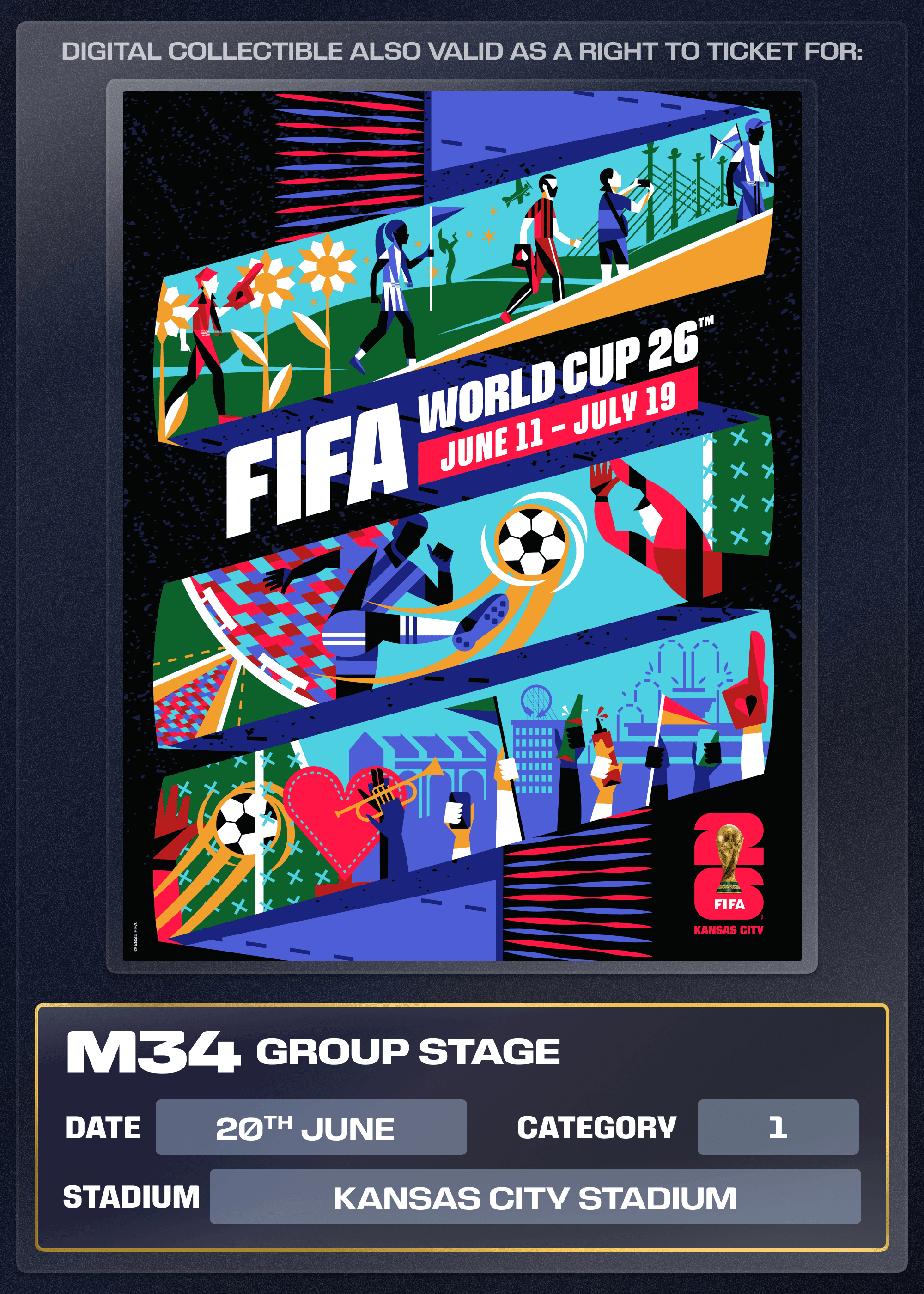 Collectible also valid as Right To Ticket Category 1 for M34 Kansas City