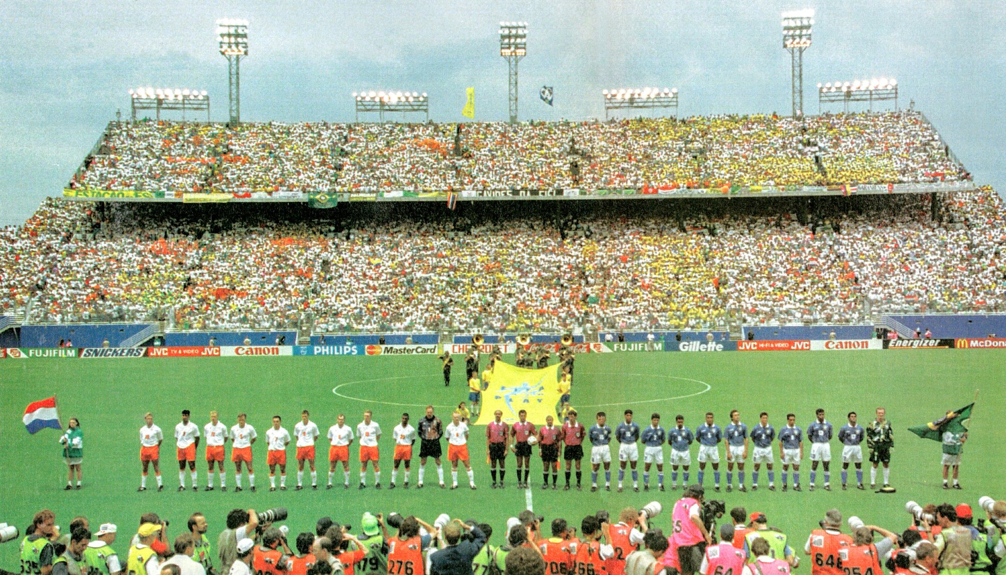 Dallas_Cotton_Bowl-1994 The image shows the pre-match lineup for the quarter-final game between the Netherlands and Brazil at the 1994 FIFA World Cup. The match took place at the Cotton Bowl stadium in Dallas, Texas, on July 9, 1994.