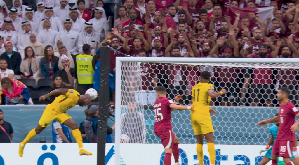 Ecuador forward Enner Valencia (13) scores a header goal against Qatar goalkeeper Saad Al Sheeb during the FIFA World Cup opening match.