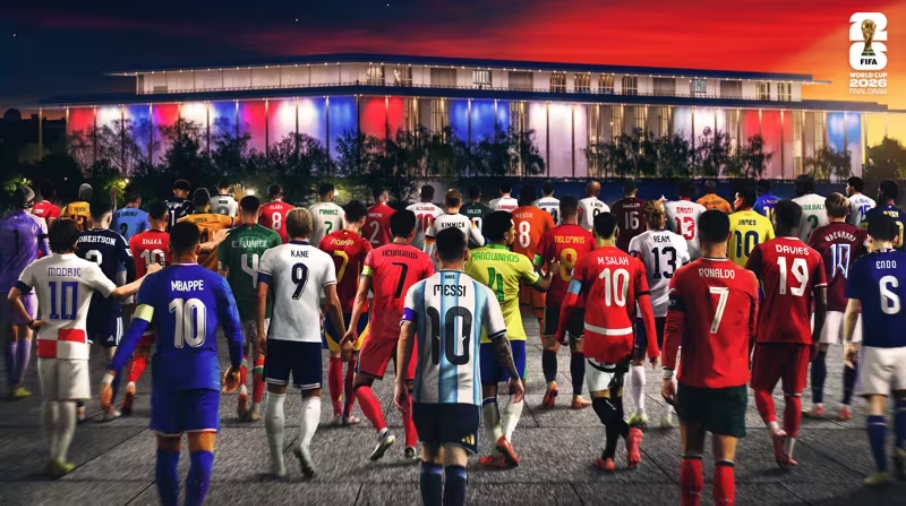 International football players from different countries, including recognizable stars, walk towards a stadium illuminated with red, white, and blue lights during sunset for the FIFA World Cup 2026 Final Draw.