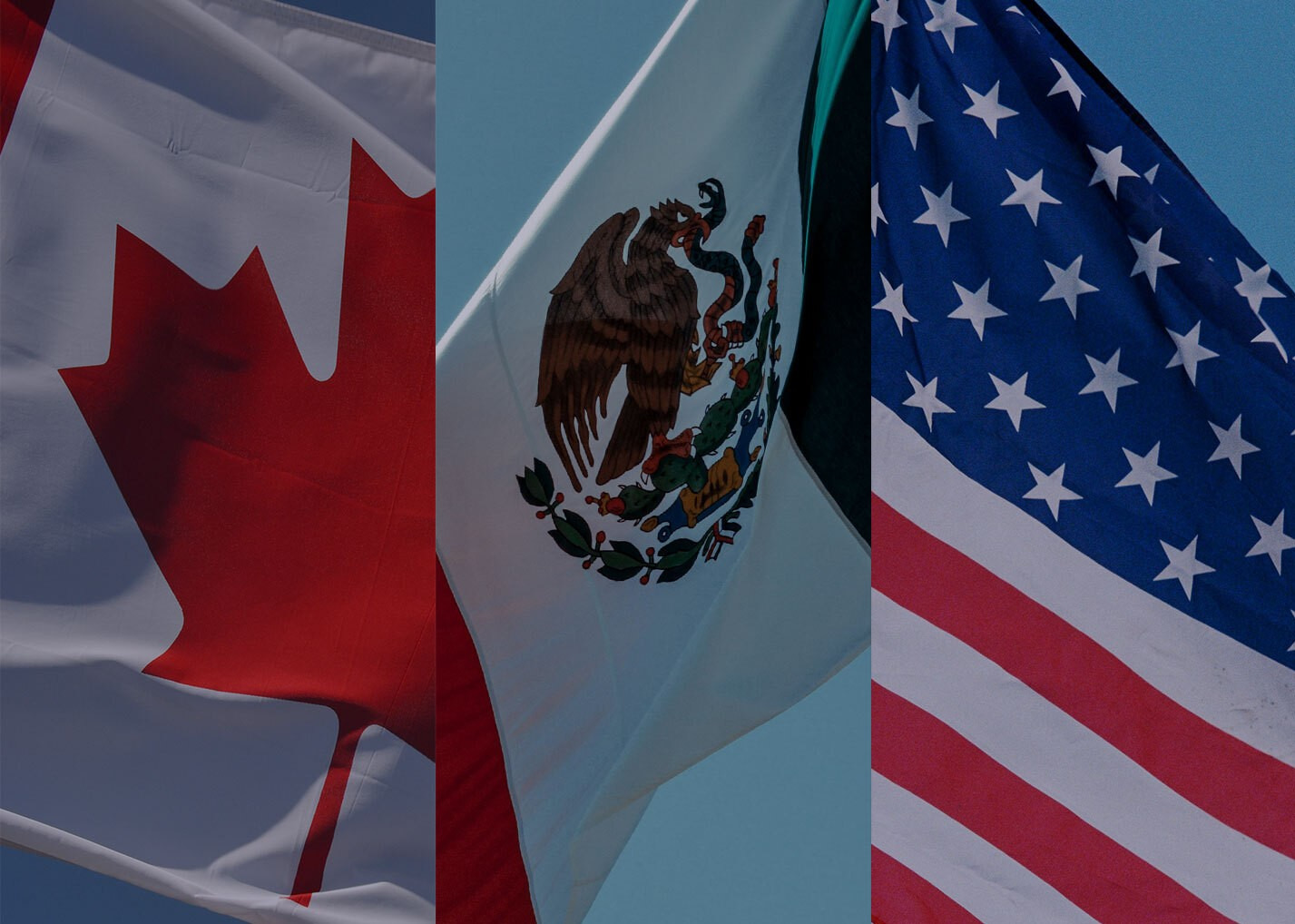 Canada, Mexico, and USA national flags side by side, representing the 2026 FIFA World Cup host countries.